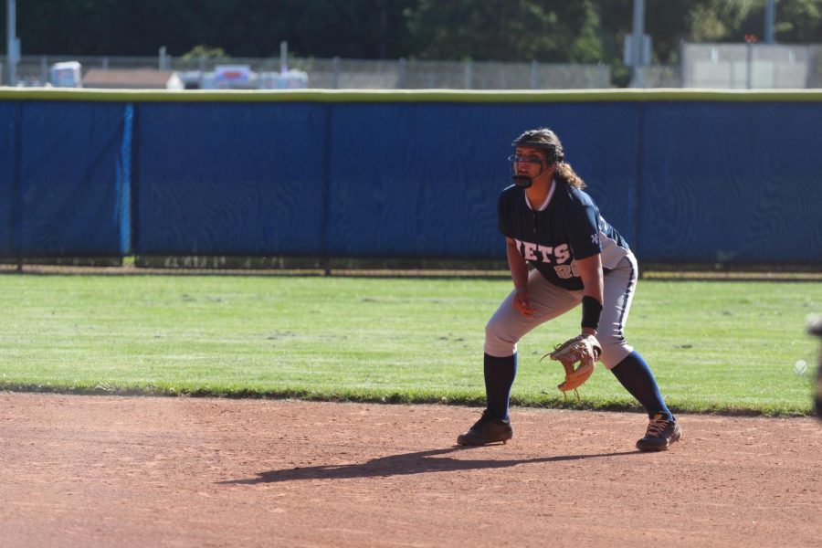 Sophomore Jazzy Alcantar gets into a defensive stance at first base. Alcantar went 2-for-4 with 1 RBI on May 16.