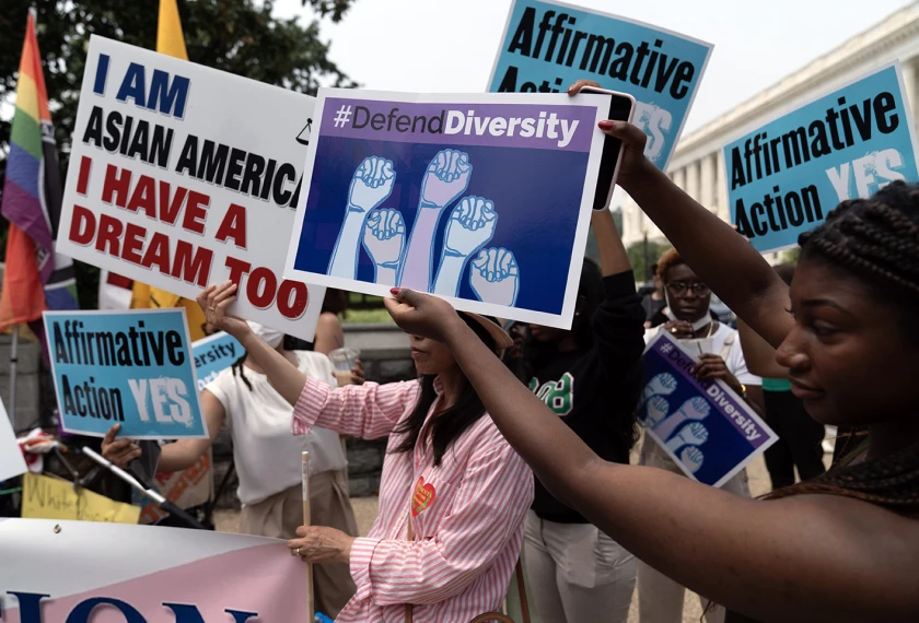 Demonstrators protest outside of the Supreme Court in Washington on June 29, 2023, after the Supreme Court struck down affirmative action in college admissions, saying race cannot be a factor.