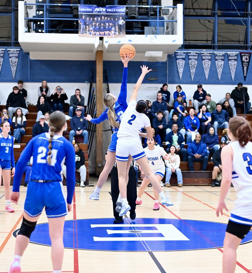 Encinal Varsity sophomore, Zoe Johnson goes head to head in awaited jump ball against opponent Orland High School on March 6, 2025