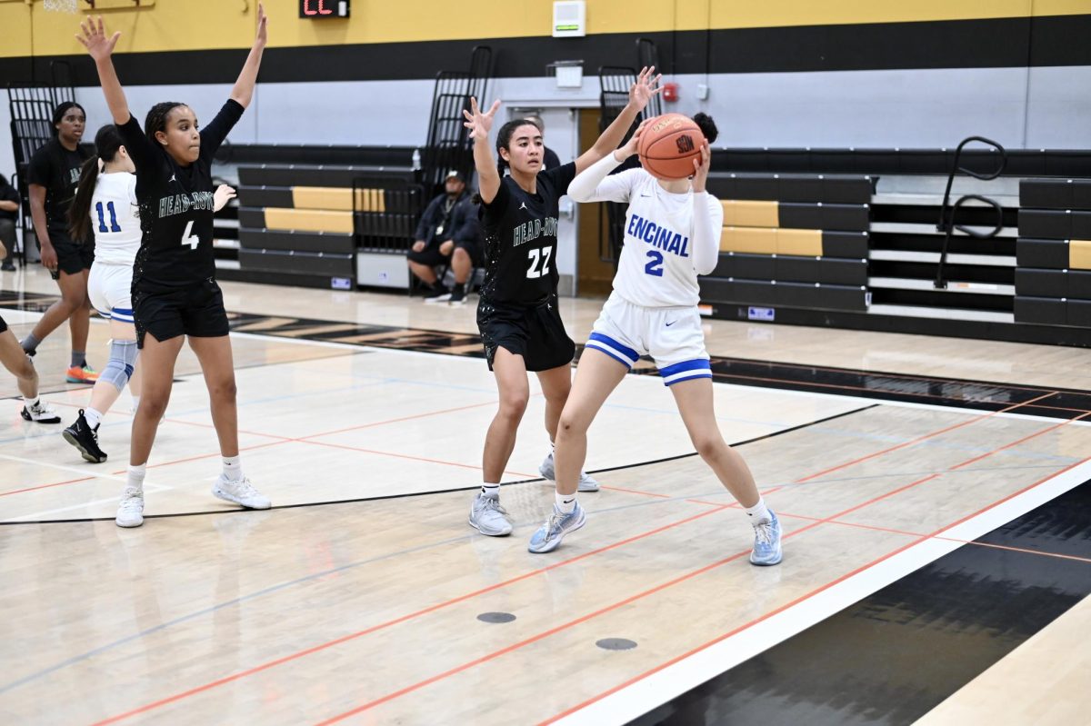 Sophomore Zoe Johnson moves the ball around the perimeter to look for an uncontested shot.